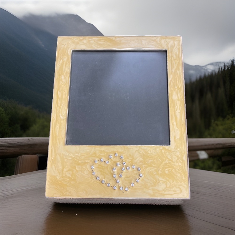 Golden Swirl Style Enamel W/ Double Rhinestone Hearts Photo Frame Money Family